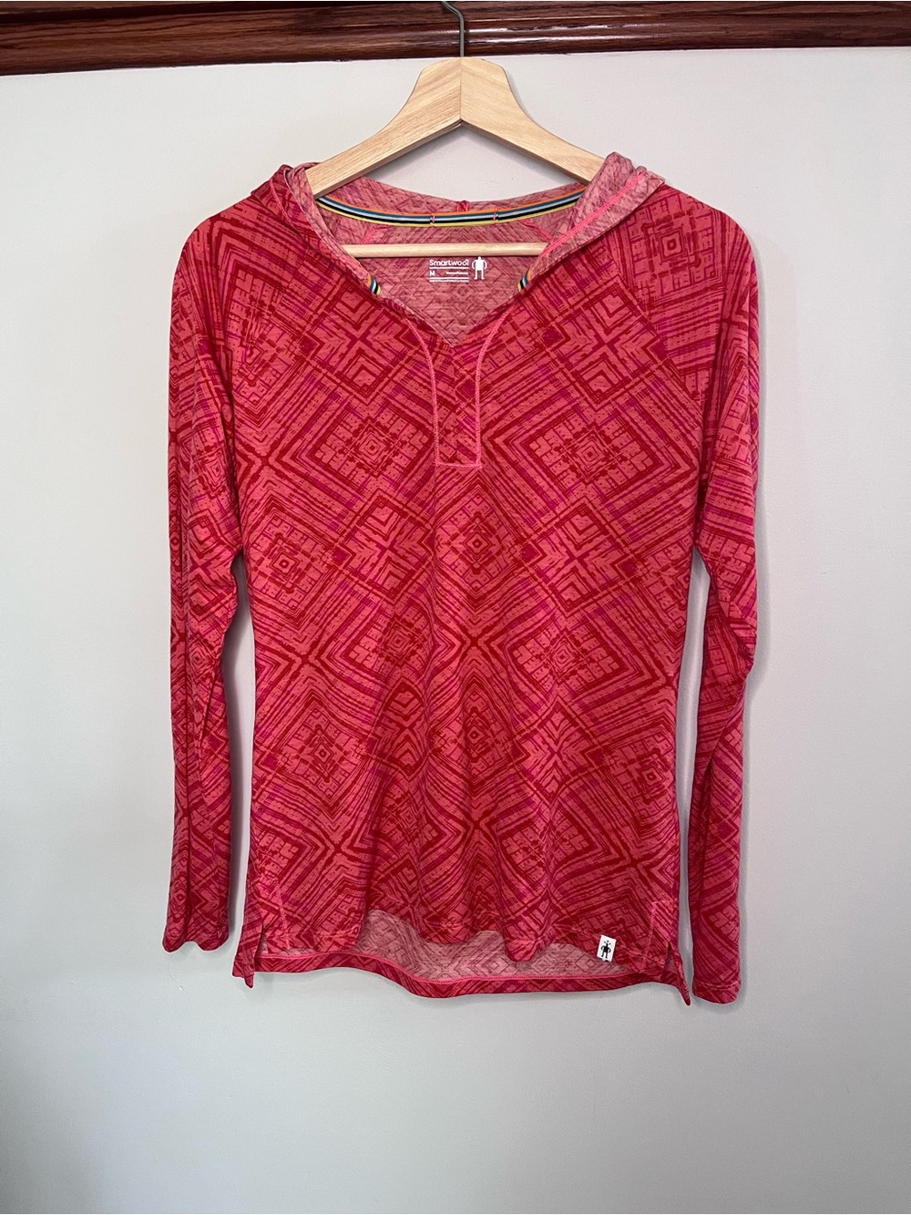 Smartwool Womens Merino Wool Pink Geometric Diamond Print Hoodie Top Size M